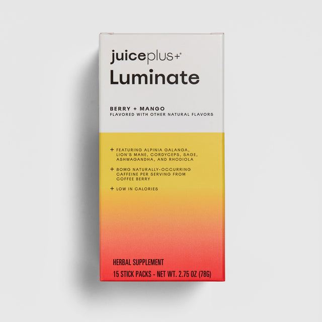 Box of Juice Plus+ Luminate herbal supplement with gradient design on a white background